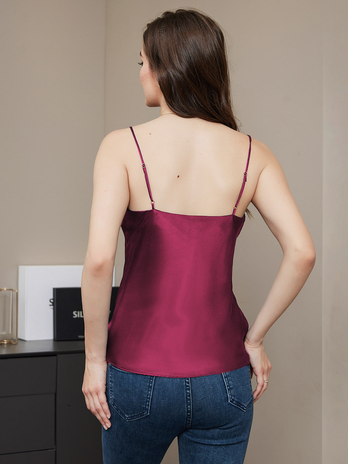 [Fuchsia] SilkSilky-SE Rent Silke V-Hals Cami Toppar 002