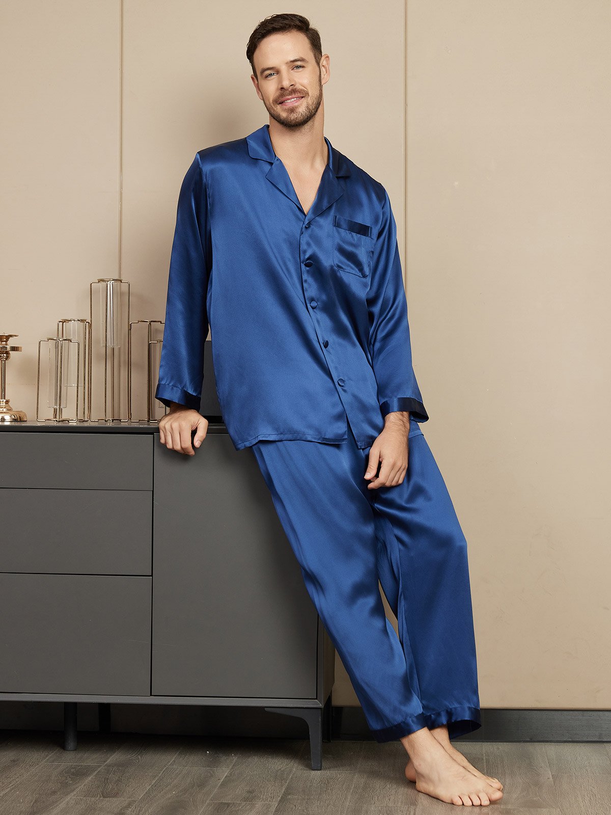 [Mörkblå] SilkSilky-SE Rent Silke Mens Pajamas 004