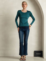 [Posy Grön] SilkSilky-SE Lång Ärm Rund Halsringning Dam T-Shirt 005