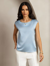 [Gråblå] SilkSilky-SE Cap Sleeve Round Neck Dam T-Shirt 001