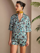 [Blågrön Botanisk] SilkSilky-SE Short Sleeve Notch Collar Dam Pyjama 003