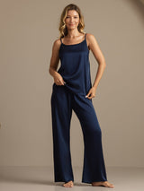 [Mörkblå] SilkSilky-SE 19Momme Spaghetti Rem Djup Rund Halsringning Camisole Set 004