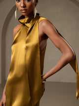 [Brun] SilkSilky-SE 19Momme Stretch Silk Charmeuse Sleeveless Halter Klänning 003