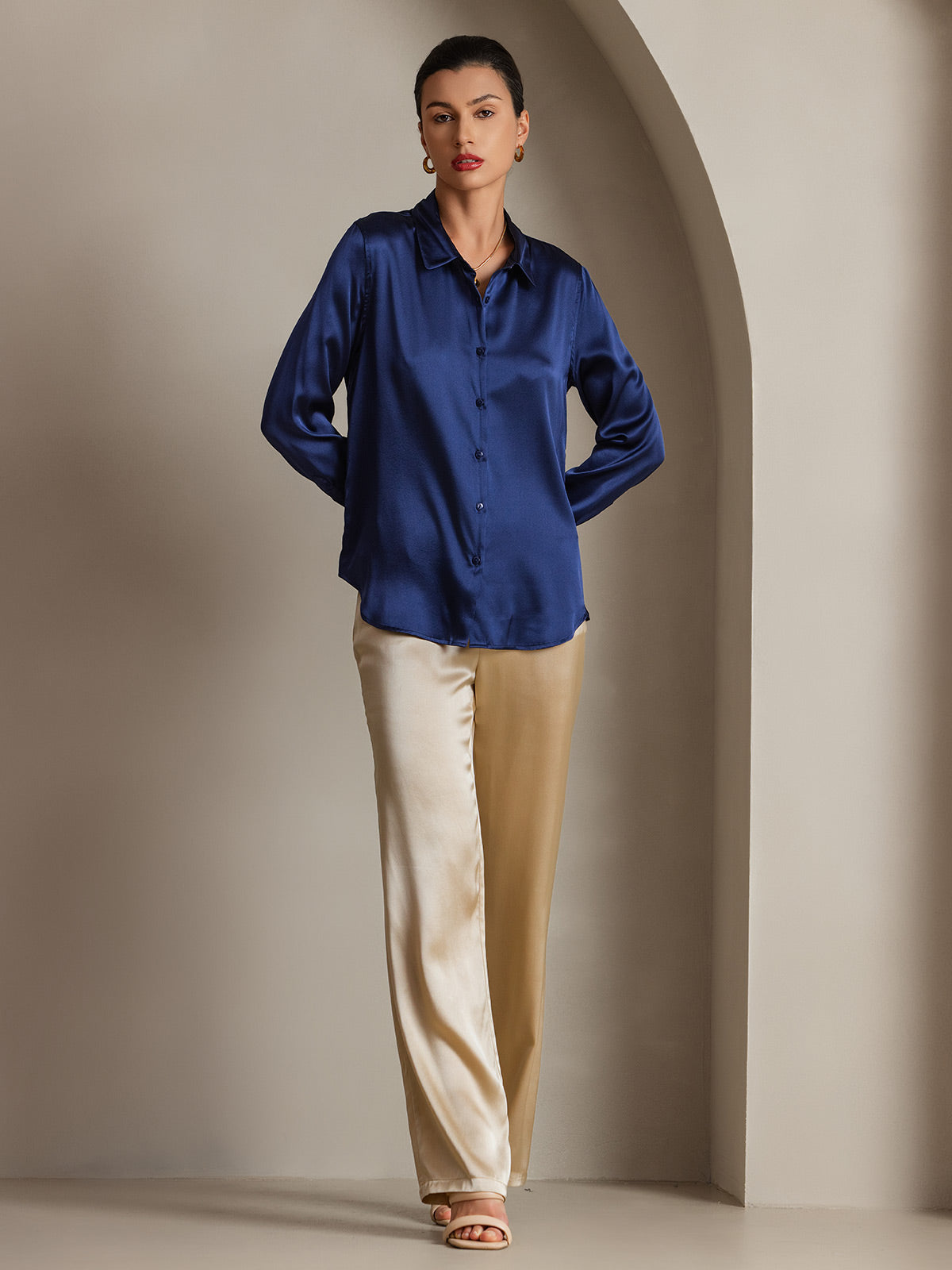 [Mörkblå] SilkSilky-SE Silke Lång Ärm Krage Damskjorta 004