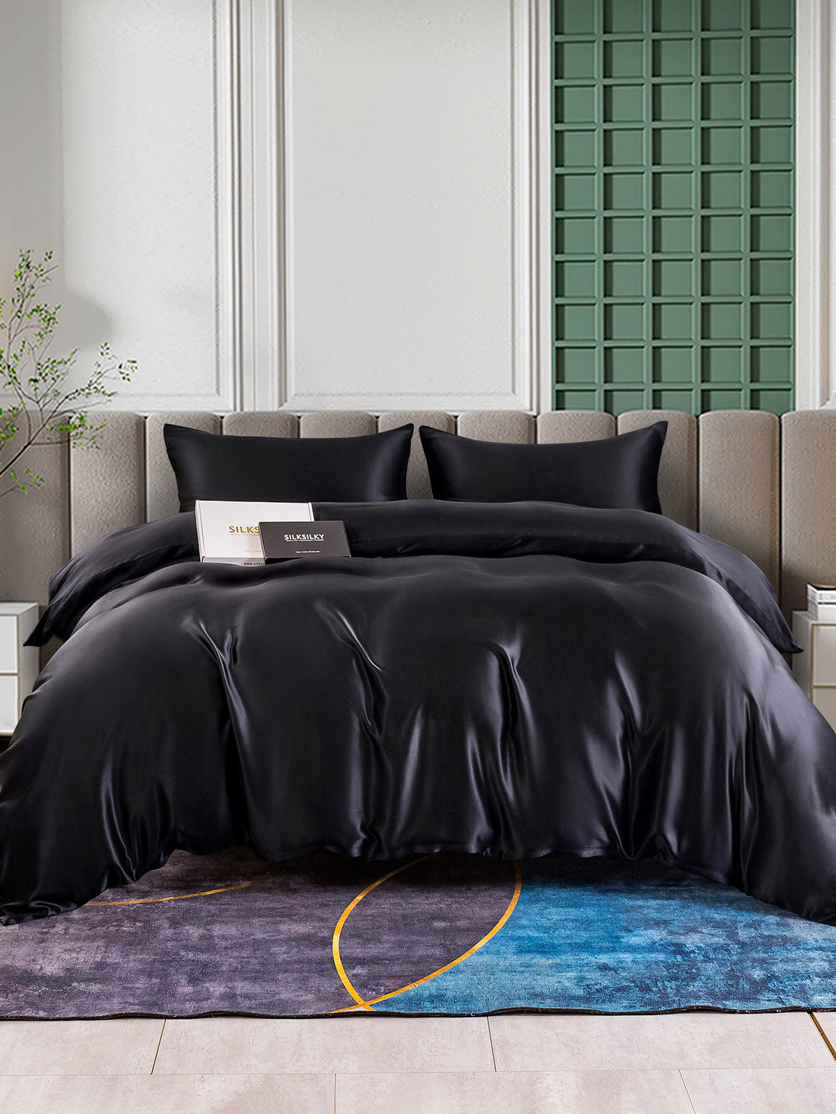[Svart] SilkSilky-SE 25Momme Rent Silke Bedding Set 002