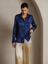 [Mörkblå] SilkSilky-SE Long Sleeve Lapel Collar Damskjorta 003