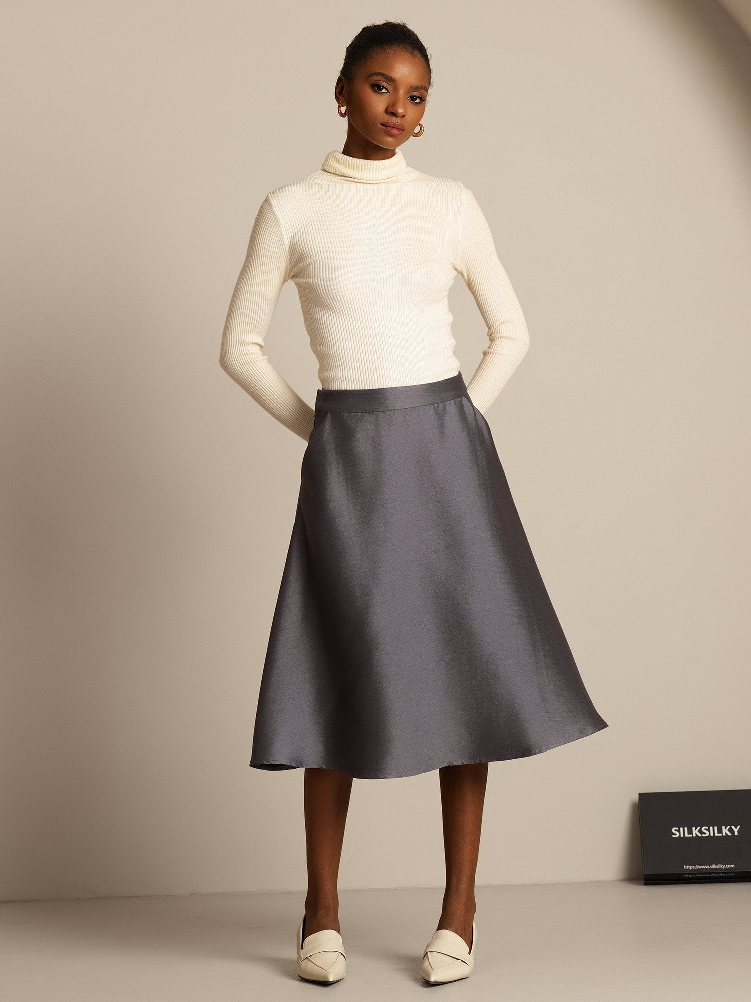 [Grå] SilkSilky-SE 32Momme Silk-Wool Blend Skirt 008,