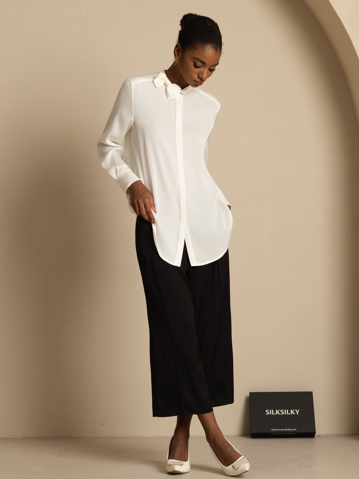 [Vit] SilkSilky-SE 19Momme Silke Lång Ärm Ståkrage Blus 006