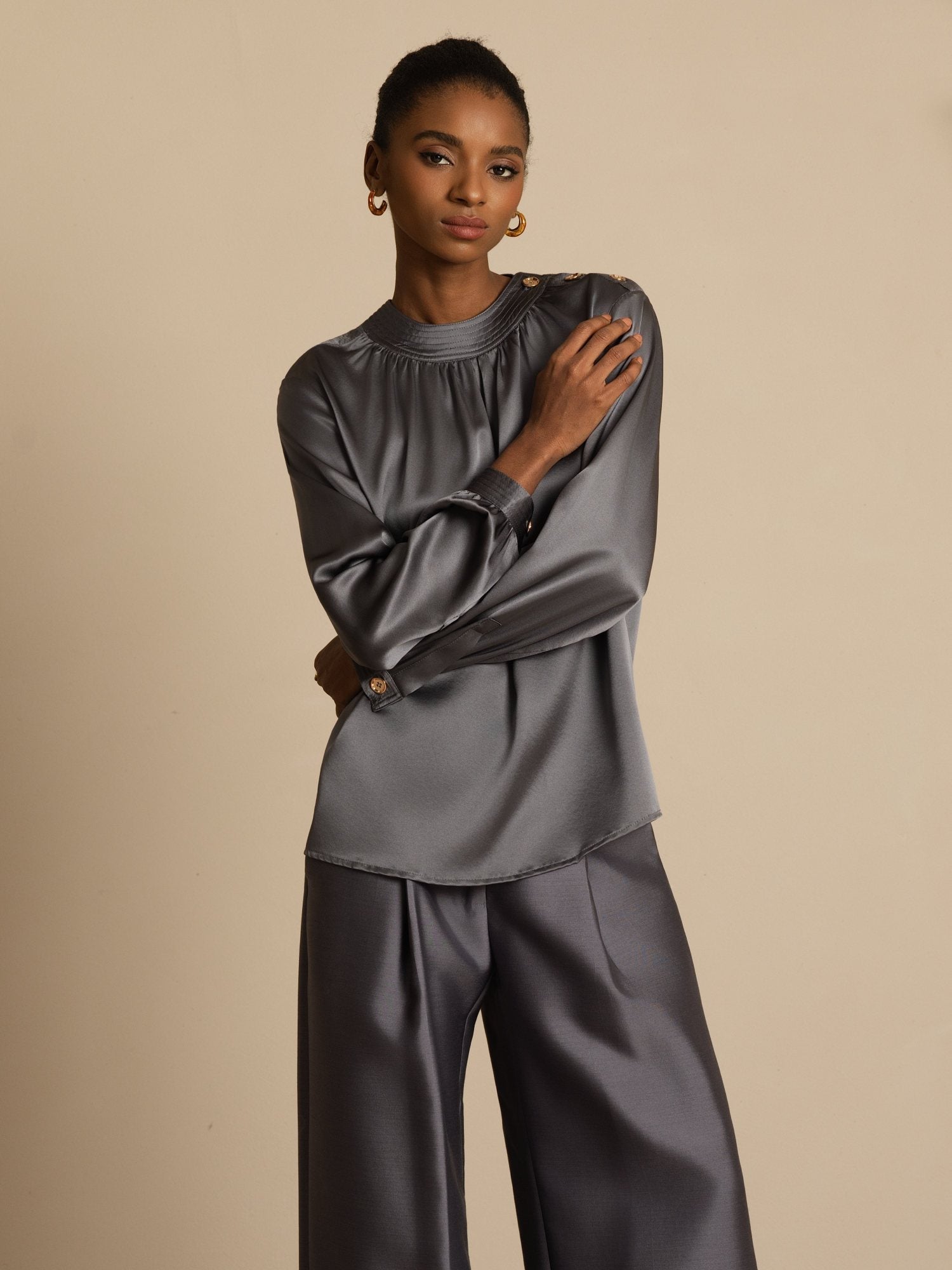 [Mörkgrå] SilkSilky-SE 19Momme Silke Lång Ärm Rund Halsringning Blus 005