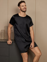 [Svart] SilkSilky-SE Rent Silke Kort Ärm Round Neck Herr Pyjama 004
