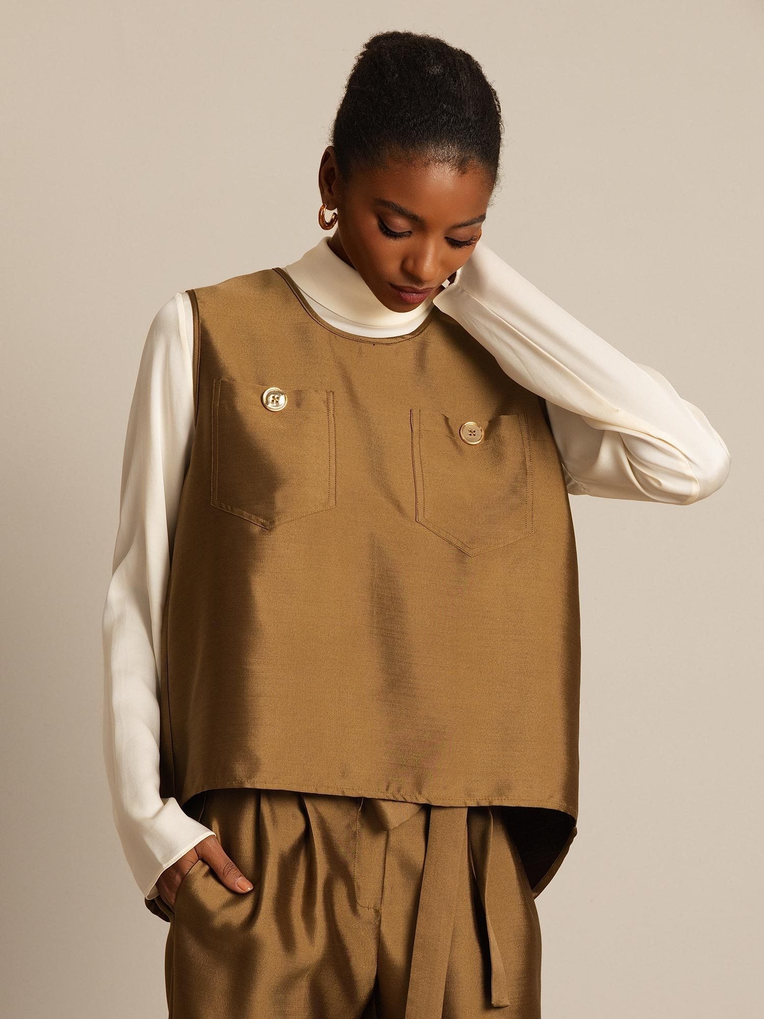 [Brons] SilkSilky-SE 32Momme Silk-Wool Blend Womens Vest 006,