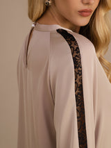 [Tan] SilkSilky-SE Long Sleeve Keyhole Neck Damblusar 005