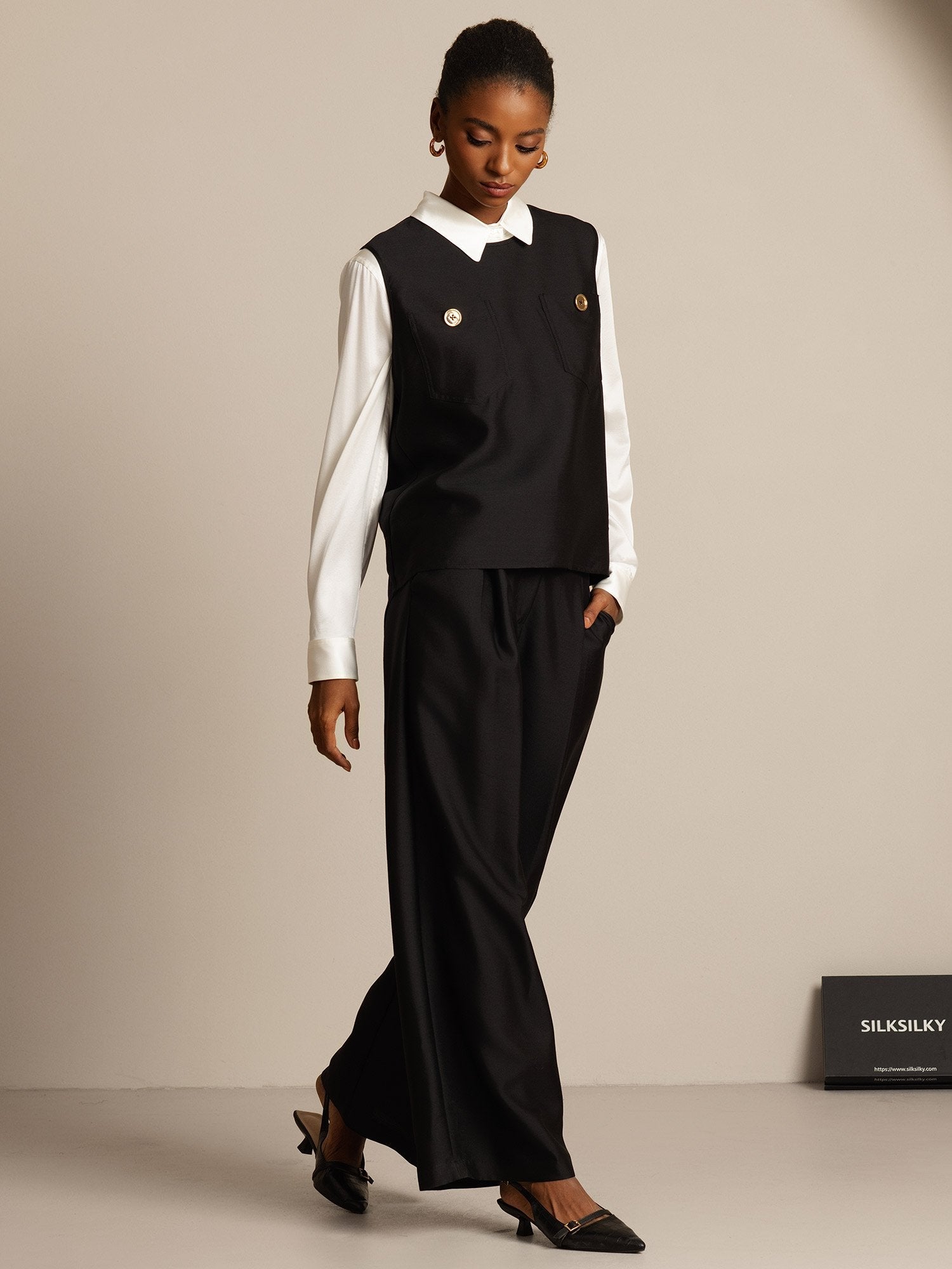 [Svart] SilkSilky-SE 32Momme Silk-Wool Blend Womens Vest 006,