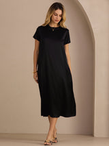 [Svart] SilkSilky-SE Short Sleeve Round Neck Klänning 003