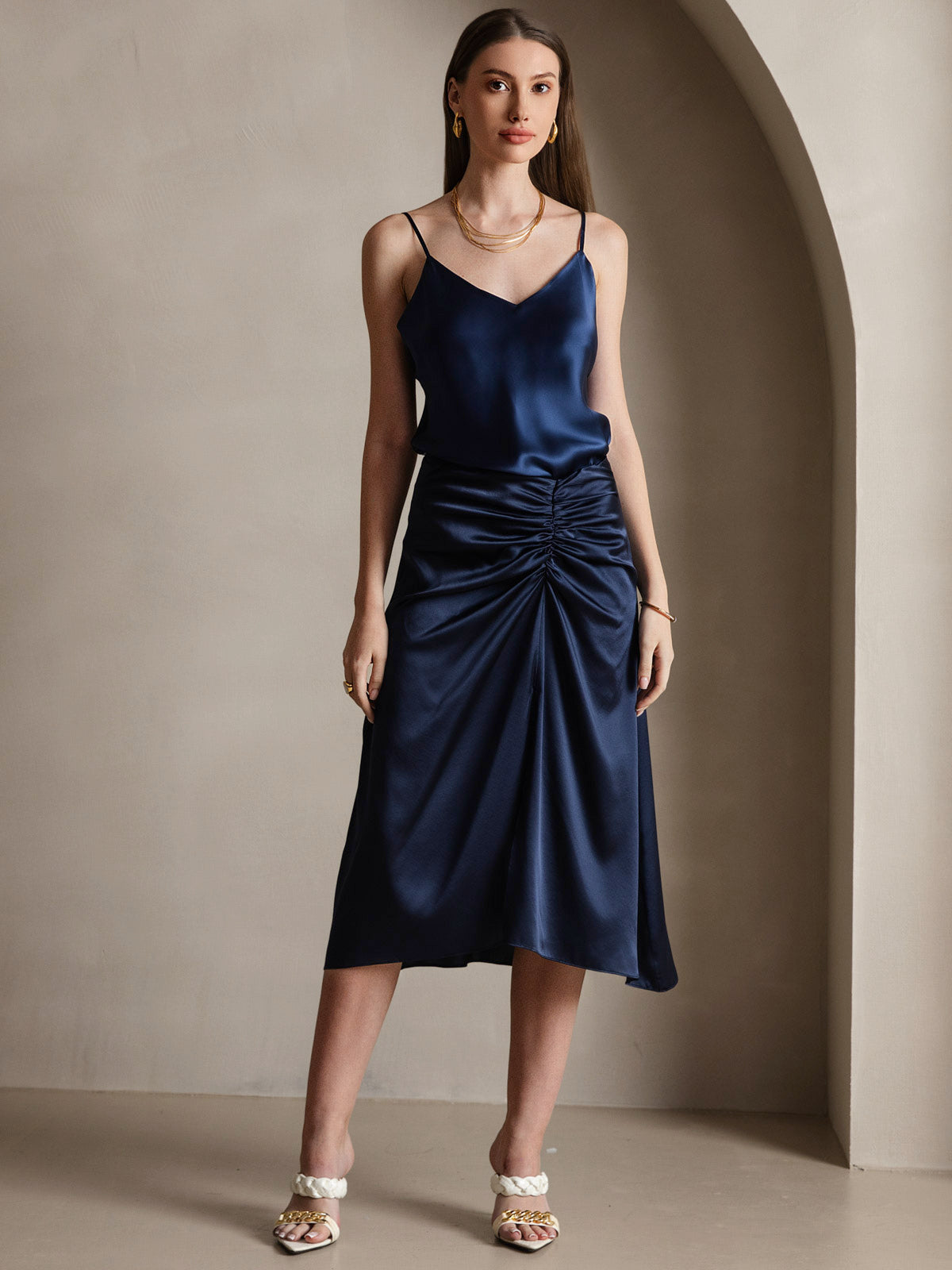 [Mörkblå] SilkSilky-SE Rent Silke Camisoles 006,