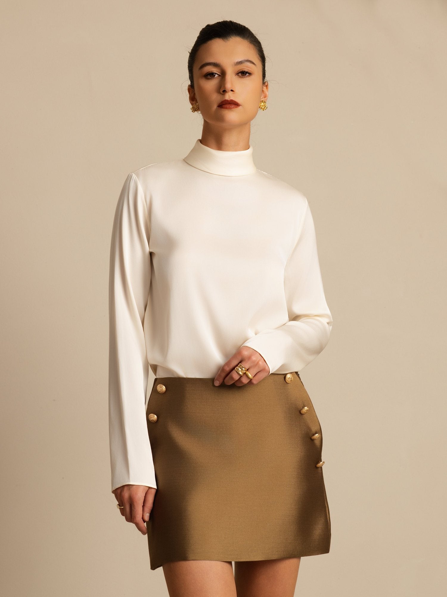 [Champagne] SilkSilky-SE 19Momme Silke Lång Ärm Polotröja Dam T-Shirt 005