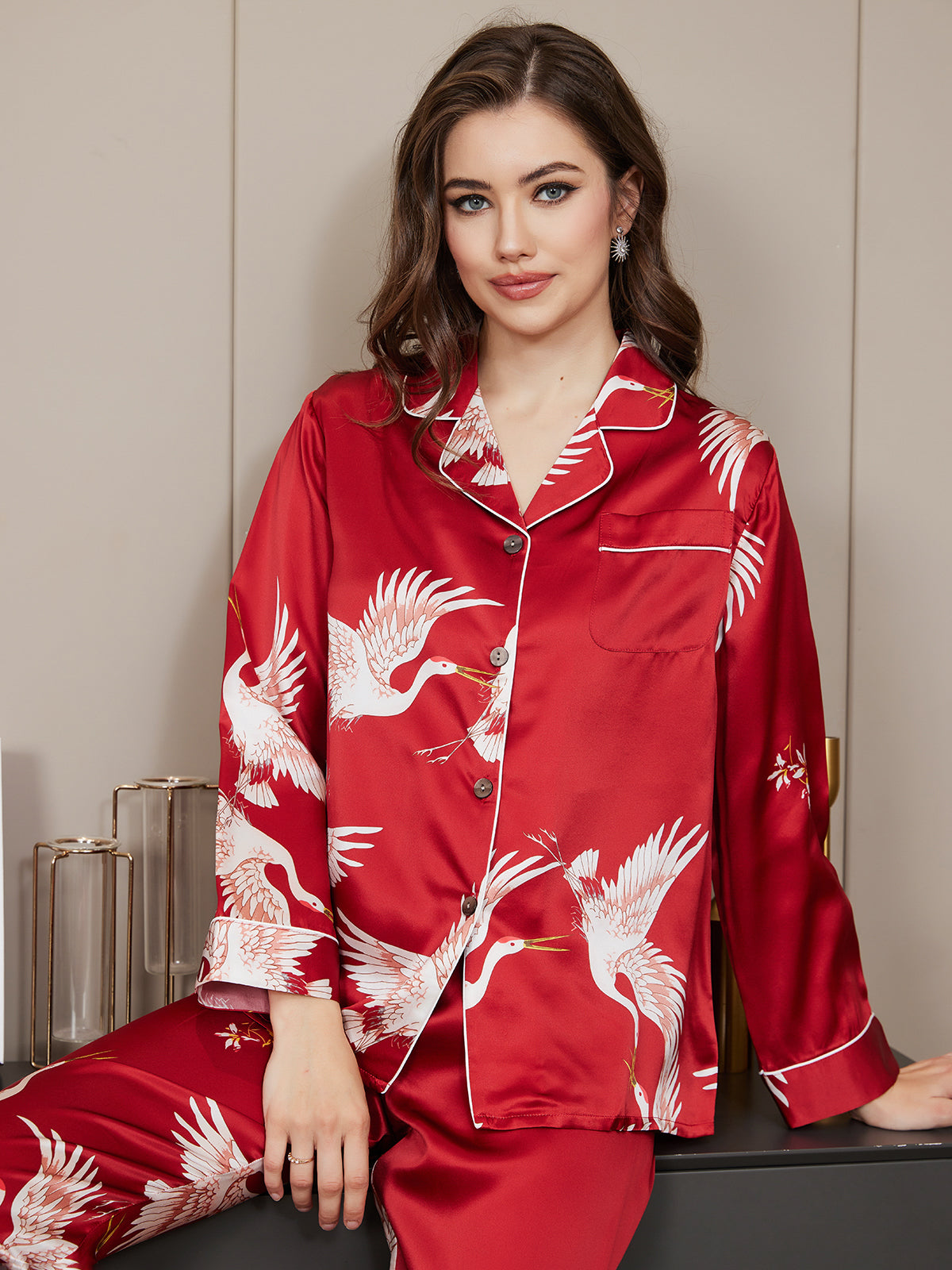 [Mörkröd] SilkSilky-SE 19Momme Rent Silke Womens Pajamas 005