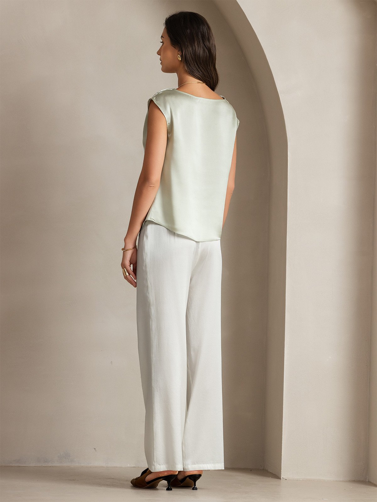 [Ljusgrön] SilkSilky-SE 19Momme Silke Ärmlös Womens T-Shirt 002