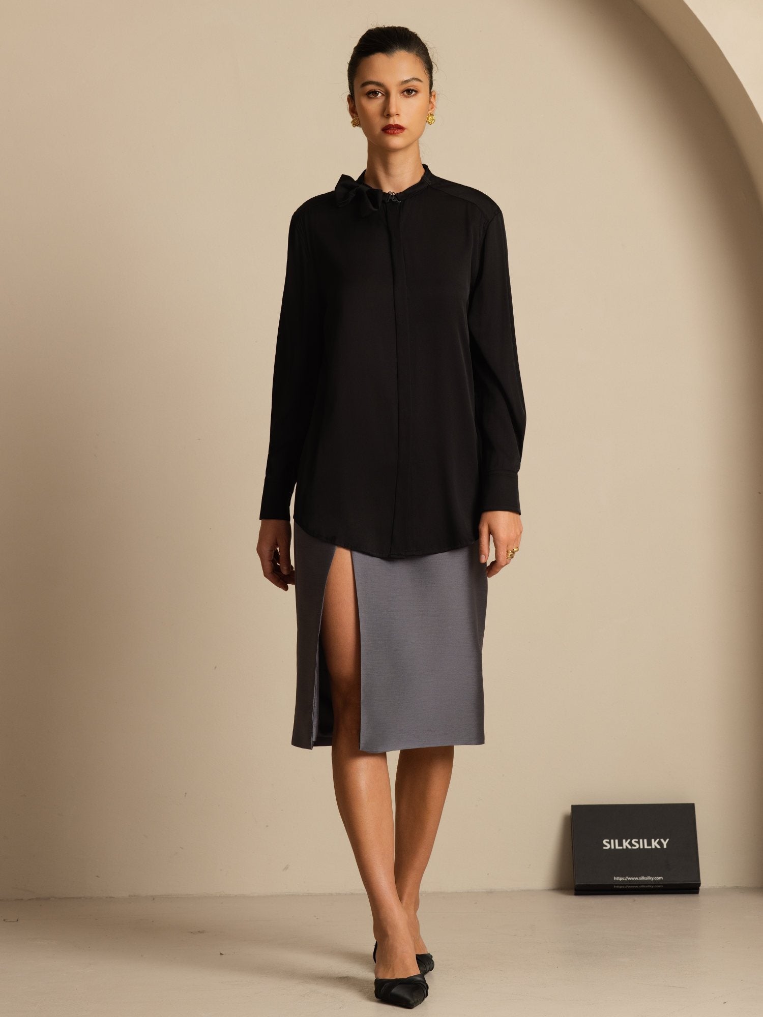 [Svart] SilkSilky-SE 19Momme Silke Lång Ärm Ståkrage Blus 008
