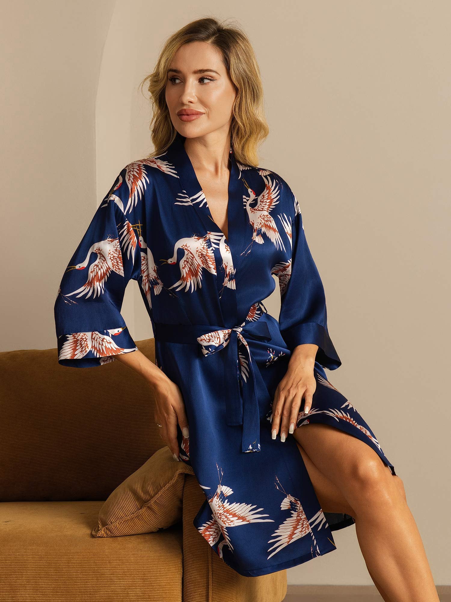 [Mörkblå] SilkSilky-SE 19Momme Rent Silke Womens Robe 001