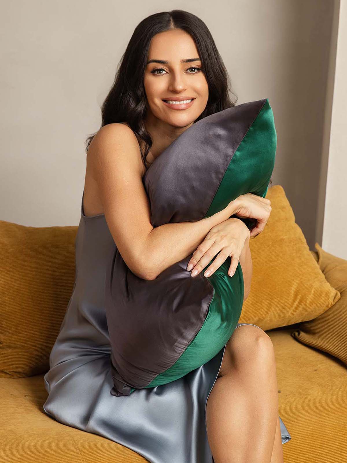 [Mörkgrön+Mörkgrå] SilkSilky-SE 19Momme Rent Silke Pillowcase 003