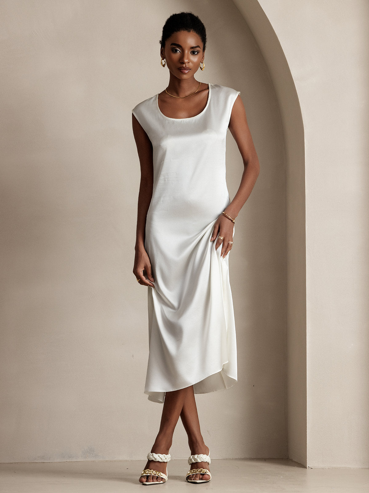 SilkSilky-SE 19Momme Silke Ärmlös Dress Vit 001
