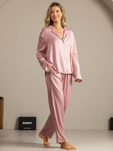 [Persikohud] SilkSilky-SE 19Momme Lång Ärm Notchkrage Dam Pyjama 006