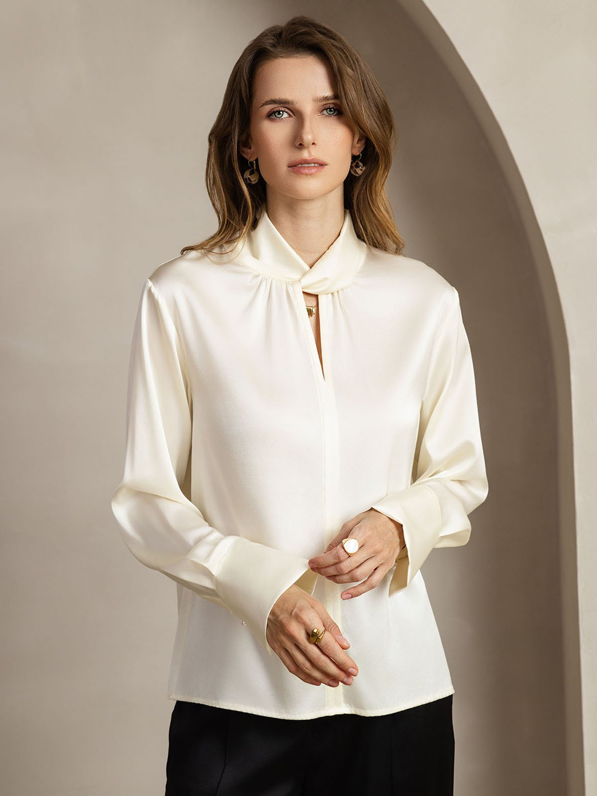 [Elfenben] SilkSilky-SE 19Momme Silke Womens Shirt 004