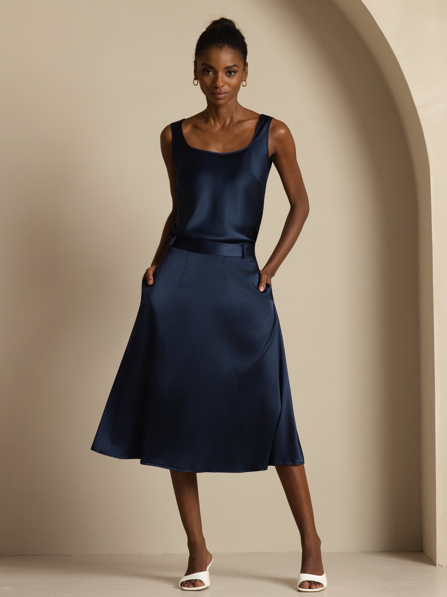 [Mörkblå] SilkSilky-SE 19Momme Silke Skirt 006