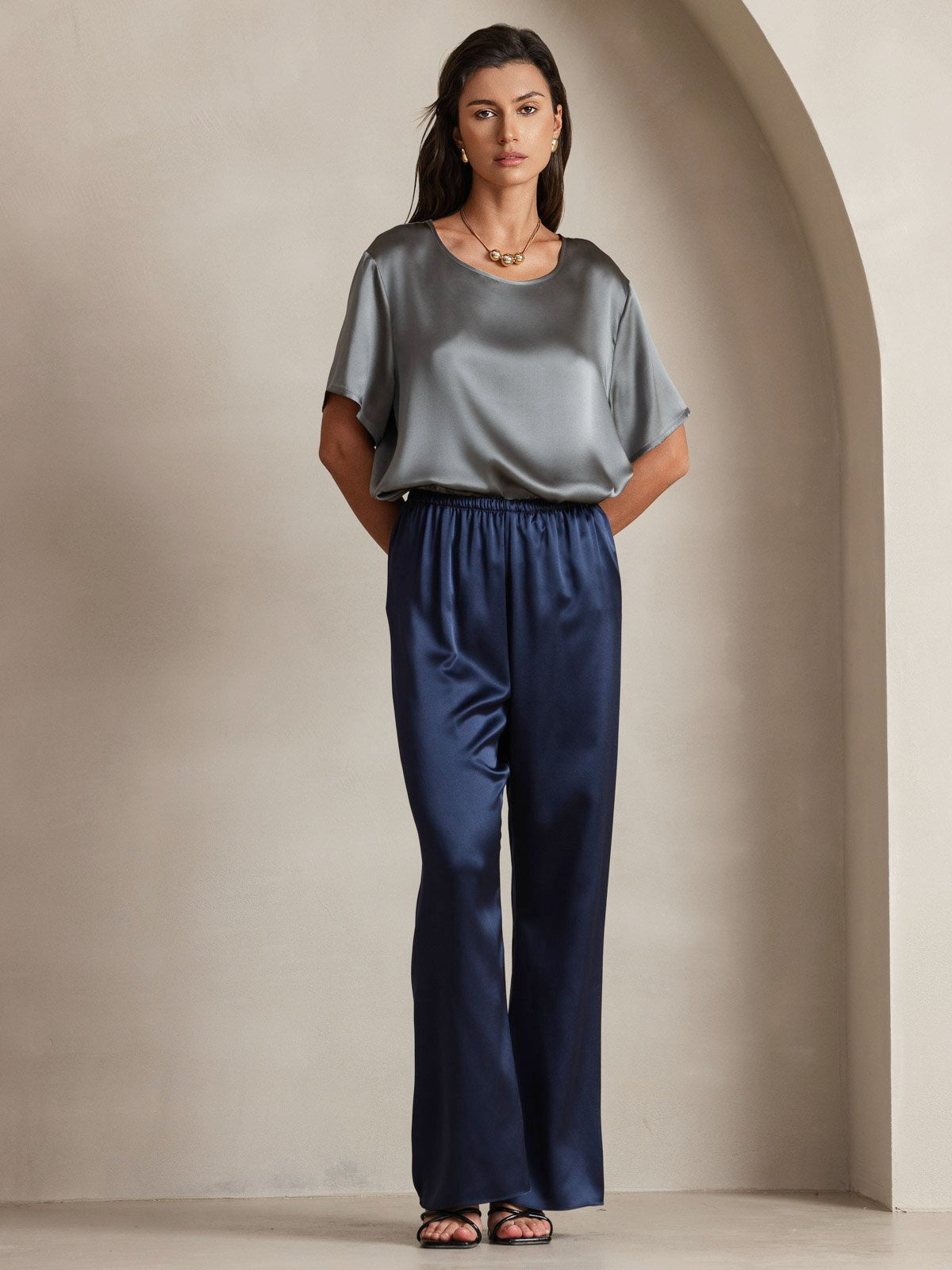 [Mörkblå] SilkSilky-SE 19Momme Silke Womens Pants 004