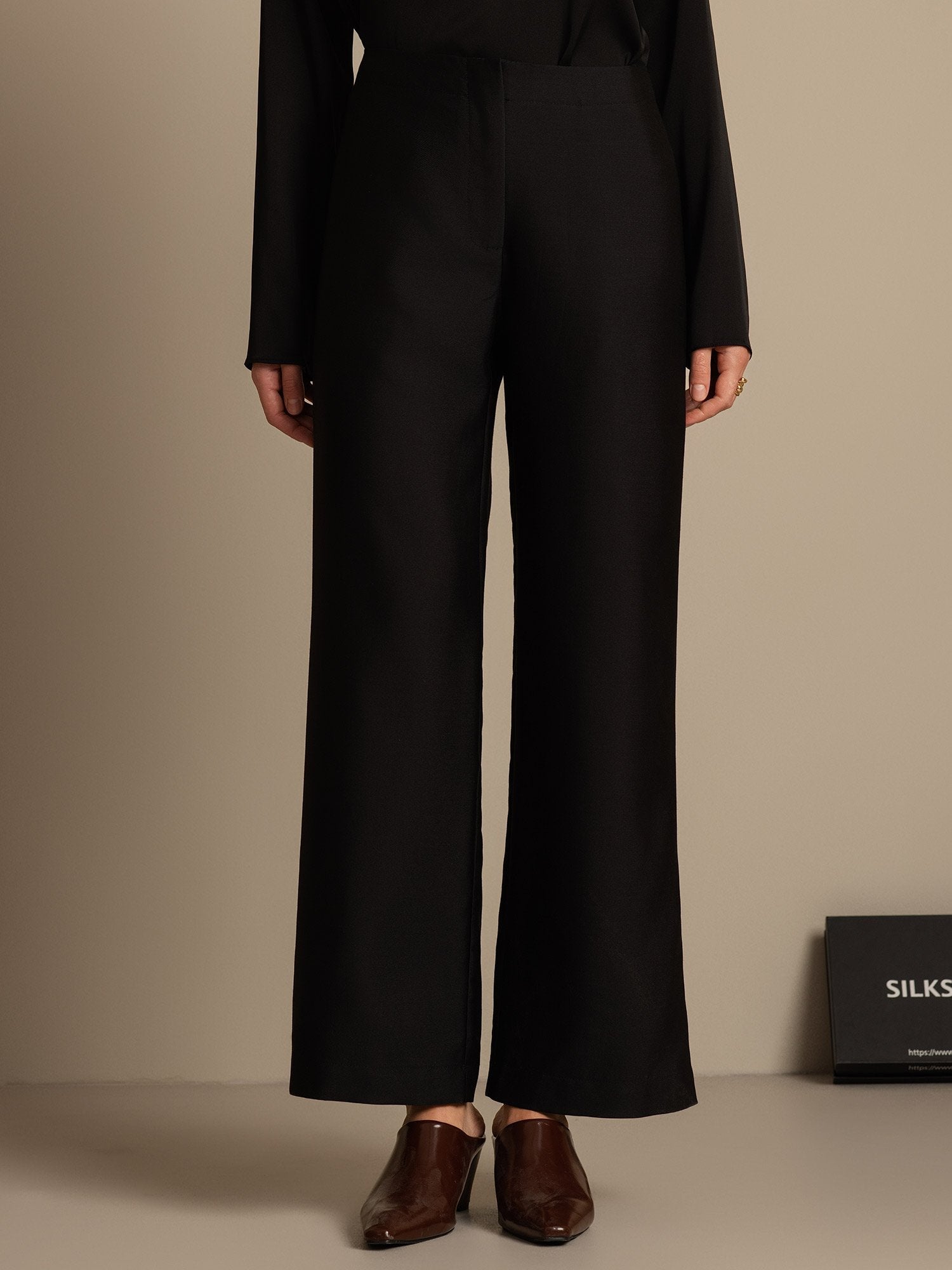 [Svart] SilkSilky-SE 32Momme Silk-Wool Blend Womens Pants 001,