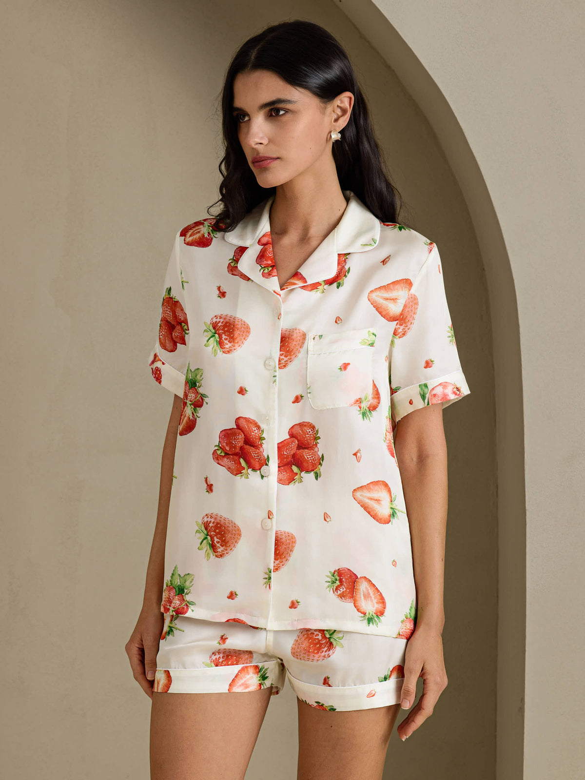 [Vit Jordgubbe] SilkSilky-SE Short Sleeve Notch Collar Dam Pyjama 001