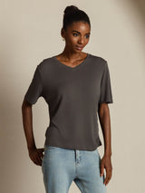 [Grå] SilkSilky-SE Kort Ärm V Ringning Dam T-Shirt 006