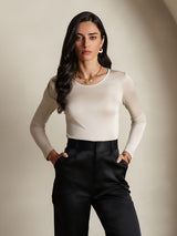 [Beige] SilkSilky-SE Lång Ärm Rund Halsringning Dam T-Shirt 004