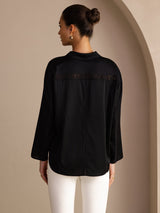 [Svart] SilkSilky-SE Long Sleeve Lapel Collar Blus 002