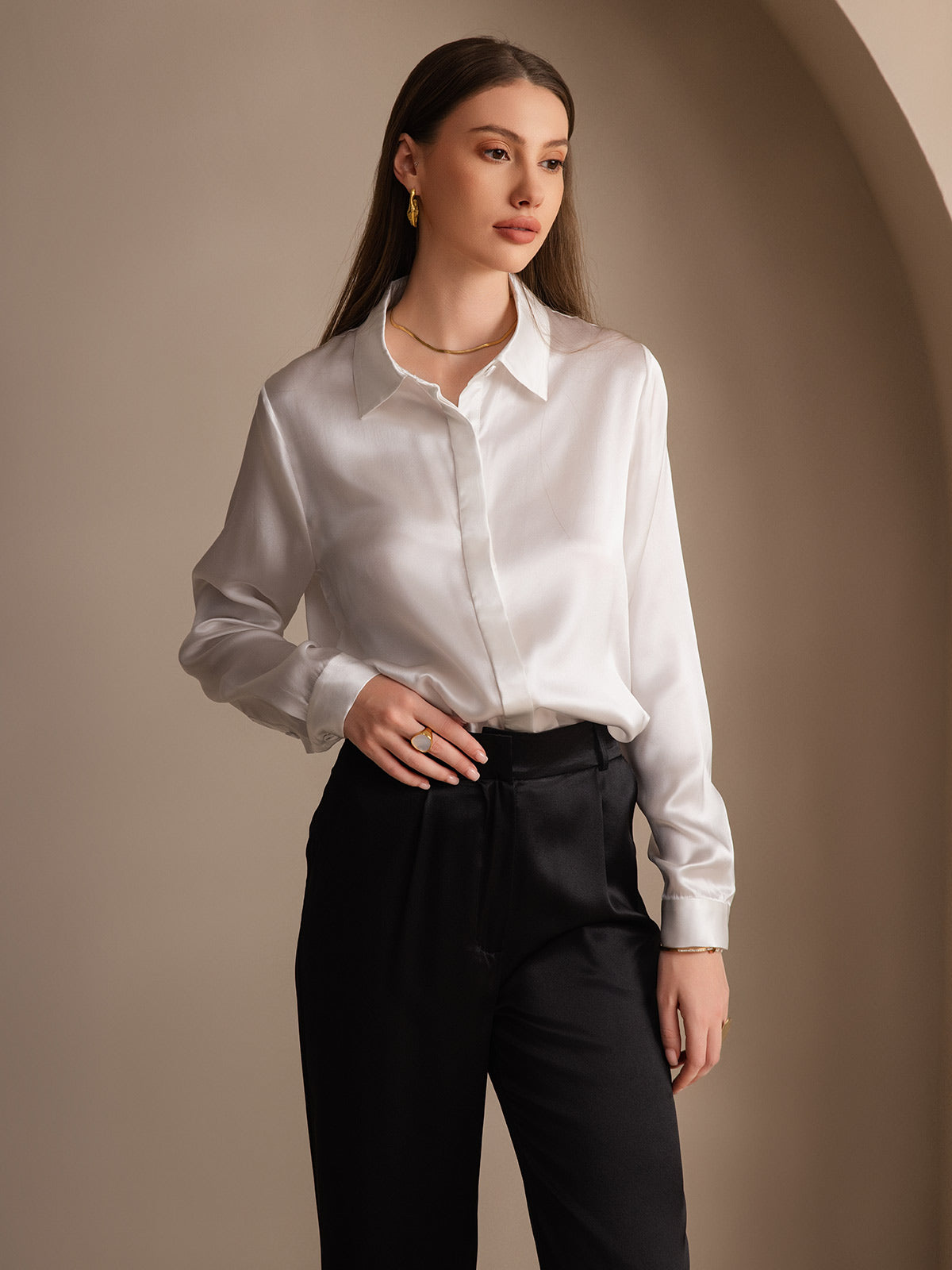 [Vit] SilkSilky-SE 19Momme Silke Lapel Collar Damskjorta 001