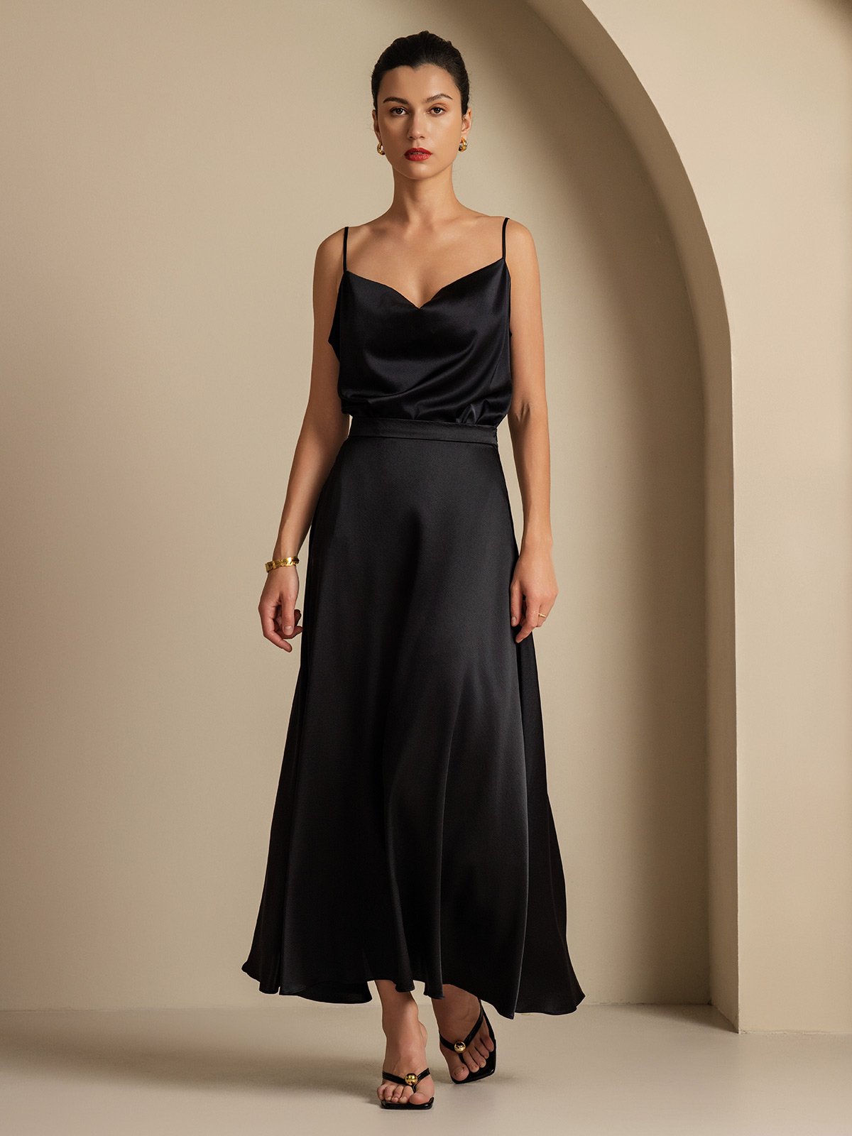 [Svart] SilkSilky-SE 19Momme Silke Krage Women''s Outfit Sets 001,