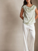 [Ljusgrön] SilkSilky-SE Cap Sleeve Cowl Neck Dam T-Shirt 004