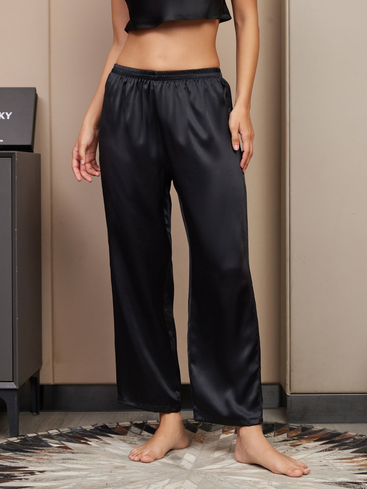 [Svart] SilkSilky-SE Rent Silke Womens Sleep Bottoms 001