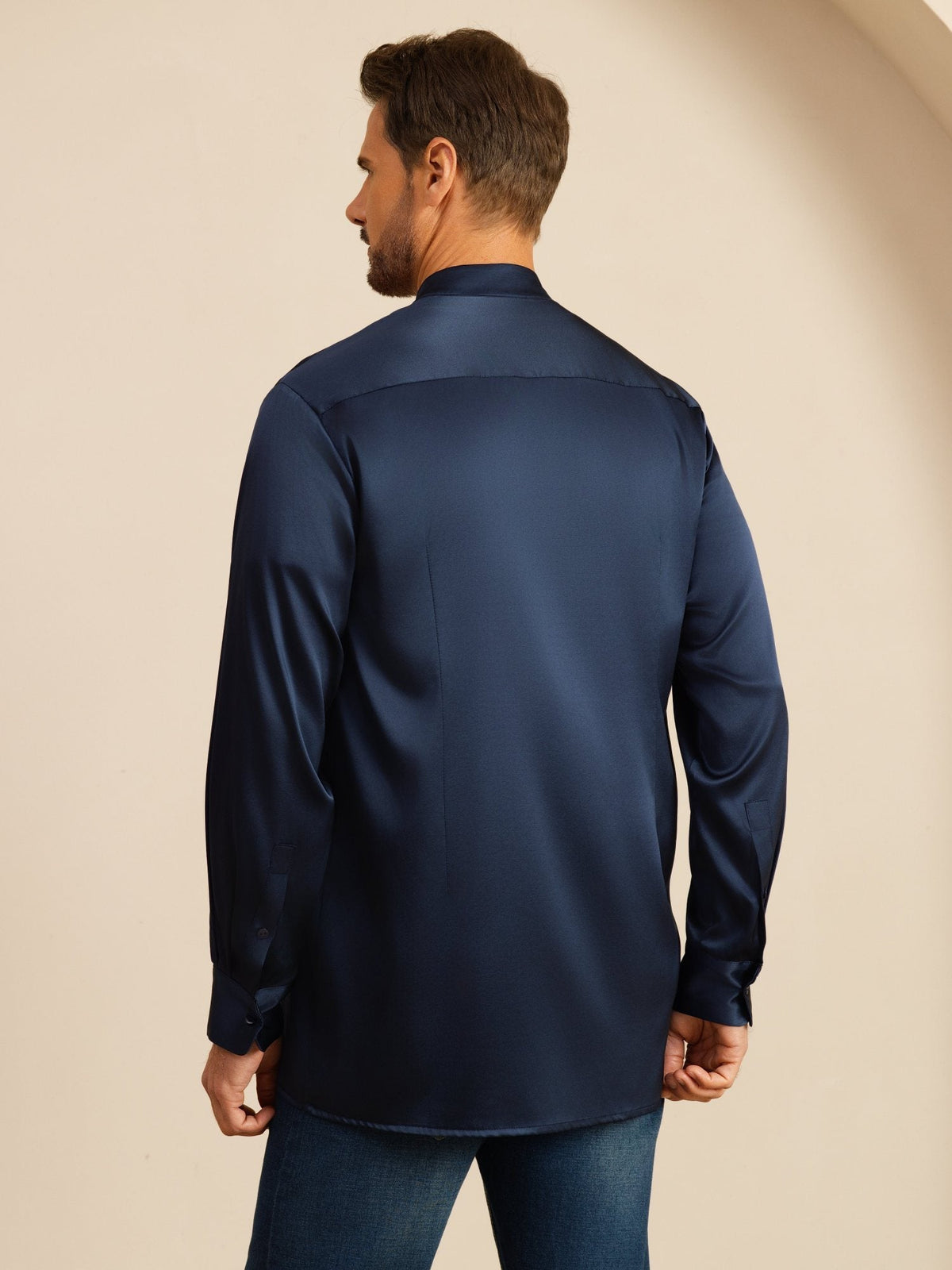 [Mörkblå] SilkSilky-SE Long Sleeve Stand Collar Herrskjorta 002