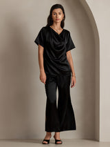 [Svart] SilkSilky-SE Short Sleeve Cowl Neck Damblusar 003