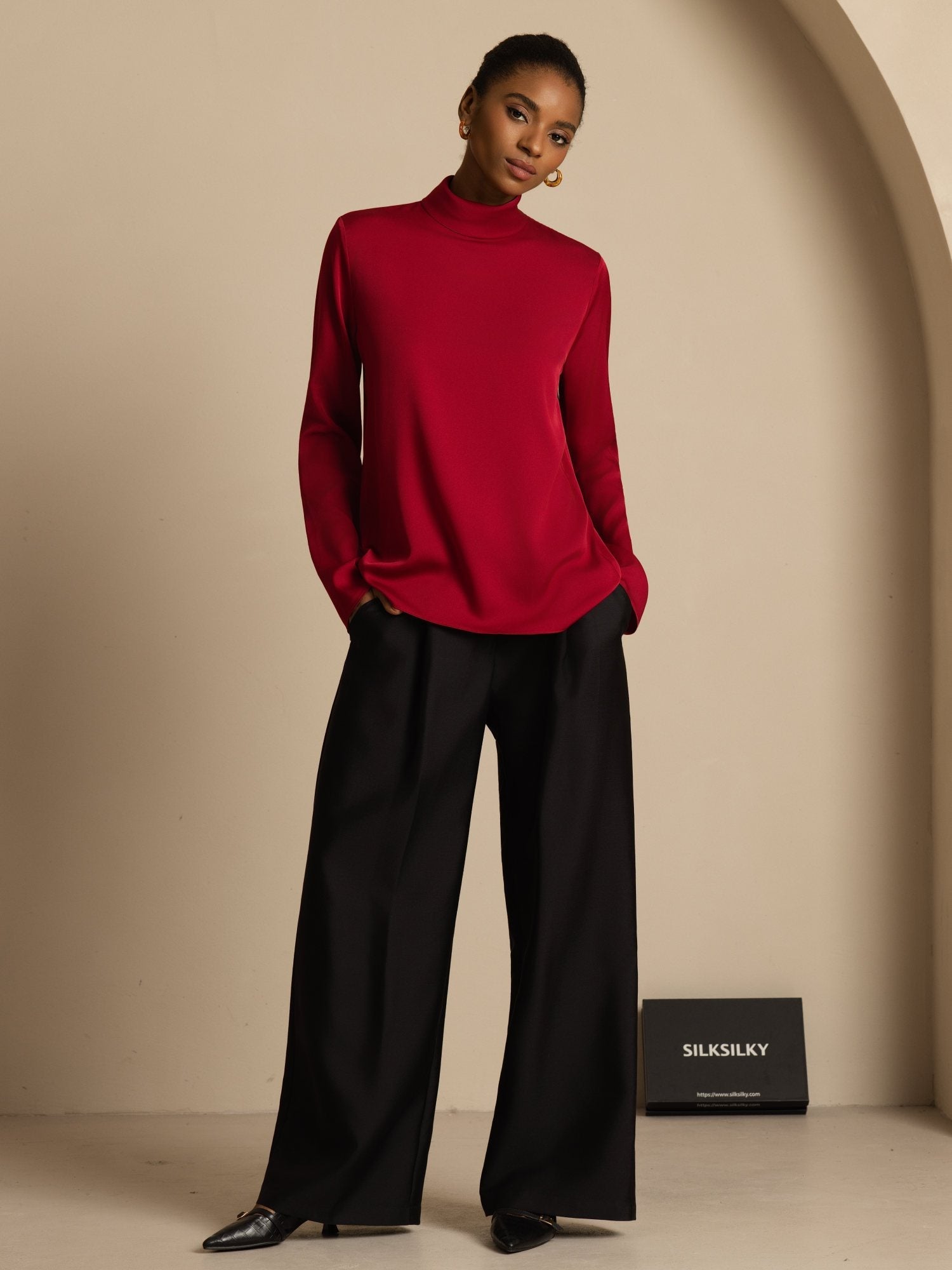 [Vin] SilkSilky-SE 19Momme Silke Lång Ärm Polotröja Dam T-Shirt 001