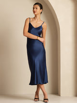 [Mörkblå] SilkSilky-SE Spaghetti Strap V Neck Klänning 001