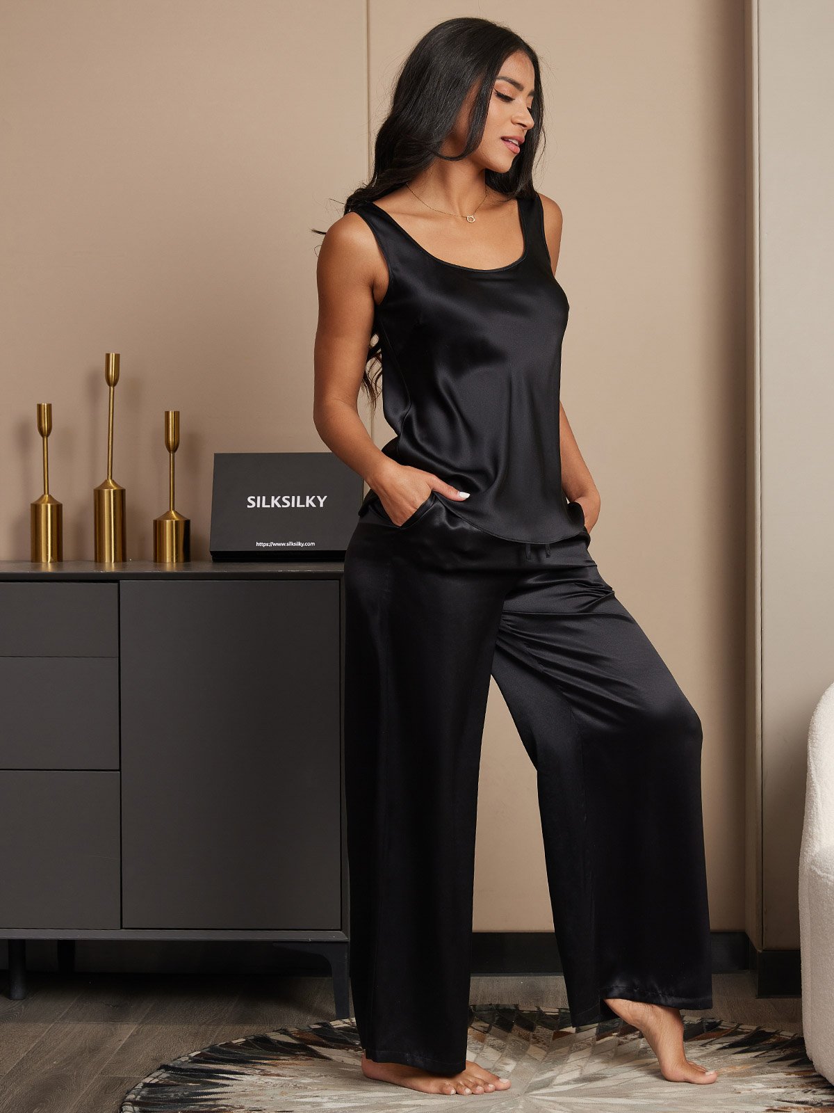 [Svart] SilkSilky-SE Rent Silke Båthals Camisole Set 004