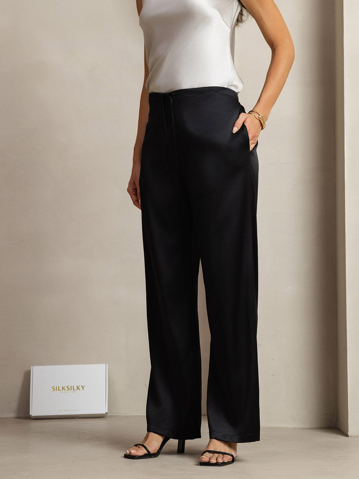 [Svart] SilkSilky-SE 19Momme Silke Womens Pants 002