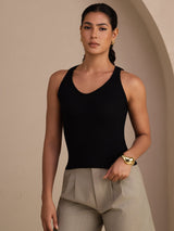 [Svart] SilkSilky-SE Sleeveless Deep V Neck Cami Toppar 003