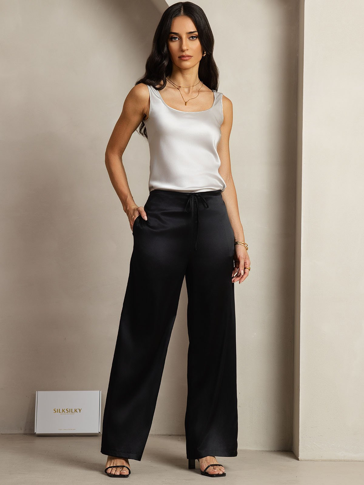 [Svart] SilkSilky-SE 19Momme Silke Womens Pants 006