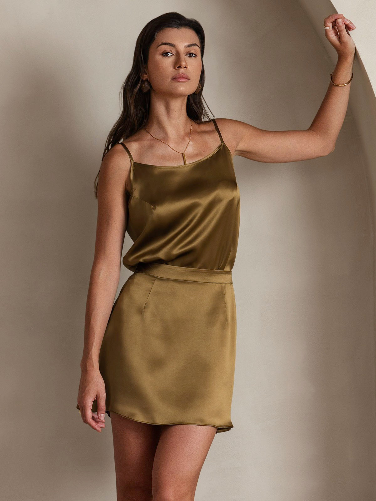 [Brun] SilkSilky-SE 19Momme Spaghetti Rem Djup Rund Halsringning Cami Toppar 004