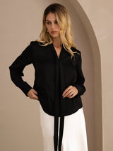 [Svart] SilkSilky-SE Long Sleeve Tie Neck Damblusar 002