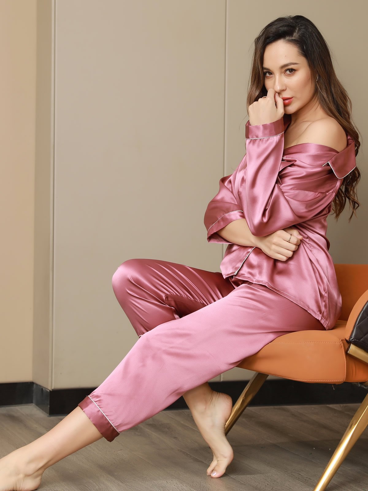 SilkSilky-SE Rent Silke Lång Ärm Slag Dam Pyjama BlekMauve 006